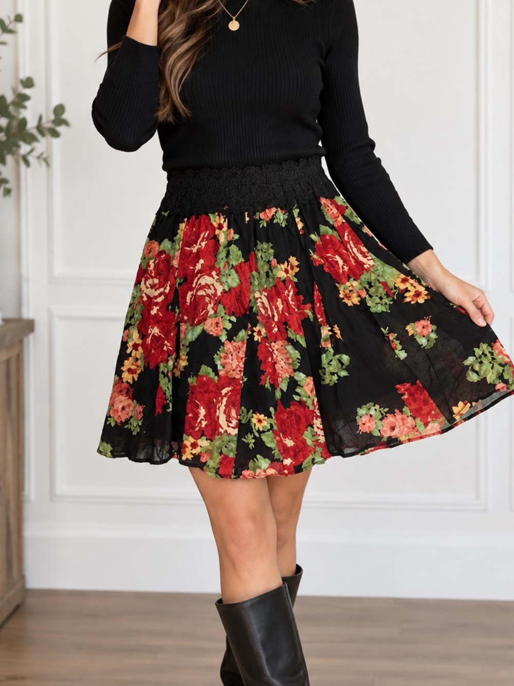 Catch My i Vintage Floral Lace Waist Skirt Size Medium Black Red Cottagecore